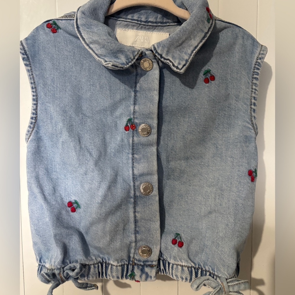 Girls Zara Light Blue Denim Vest with Cherry Embroidered Details